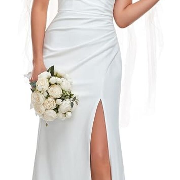 Classic V-Neck Mermaid Bodycon Slit White Wedding Dresses - Picture 4 of 8